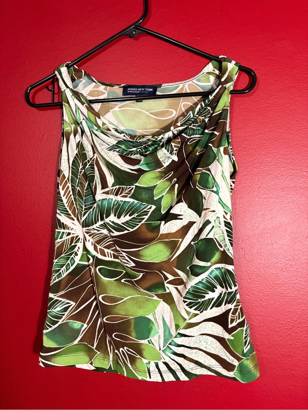 Jones New York Green, Brown and Cream Leaf-Print Cowl Neck Camisole